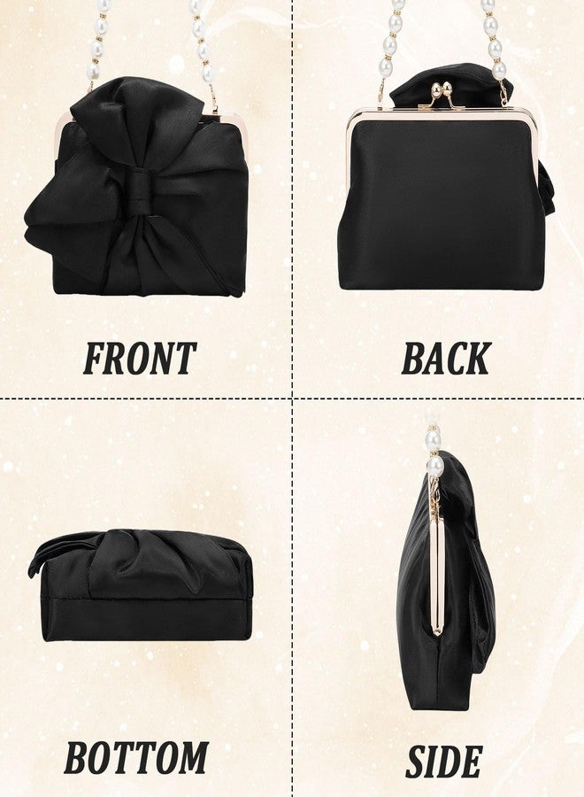 Simcat Womens Clutch Bag,Pleated Satin Handbag Lady Pleated Bow Purse Evening Bag with Chain for Wedding Prom Formal Party (Black B) - Image 3